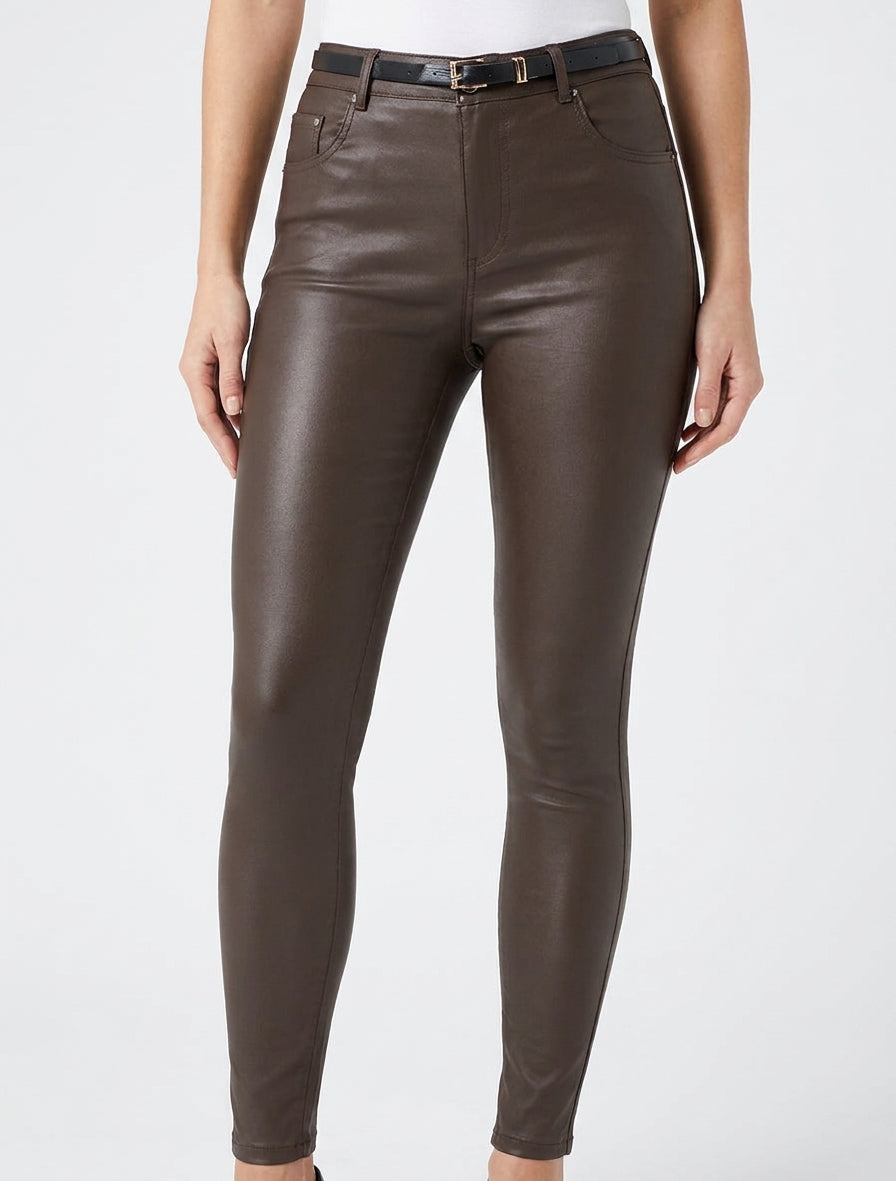 Pantalón efecto revestido corte skinny - Marrón