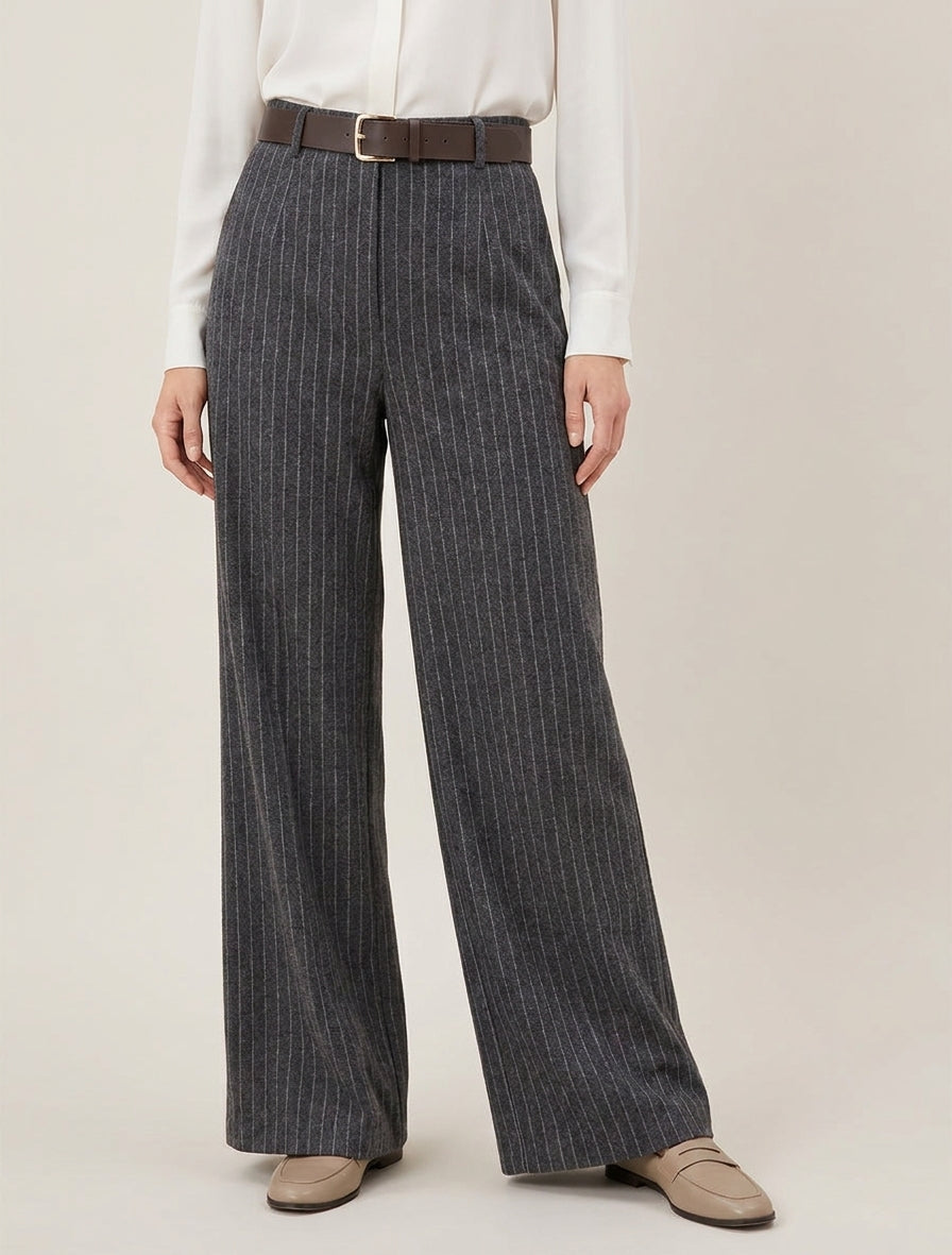 Pantalón ancho de talle alto a rayas - Gris antracita