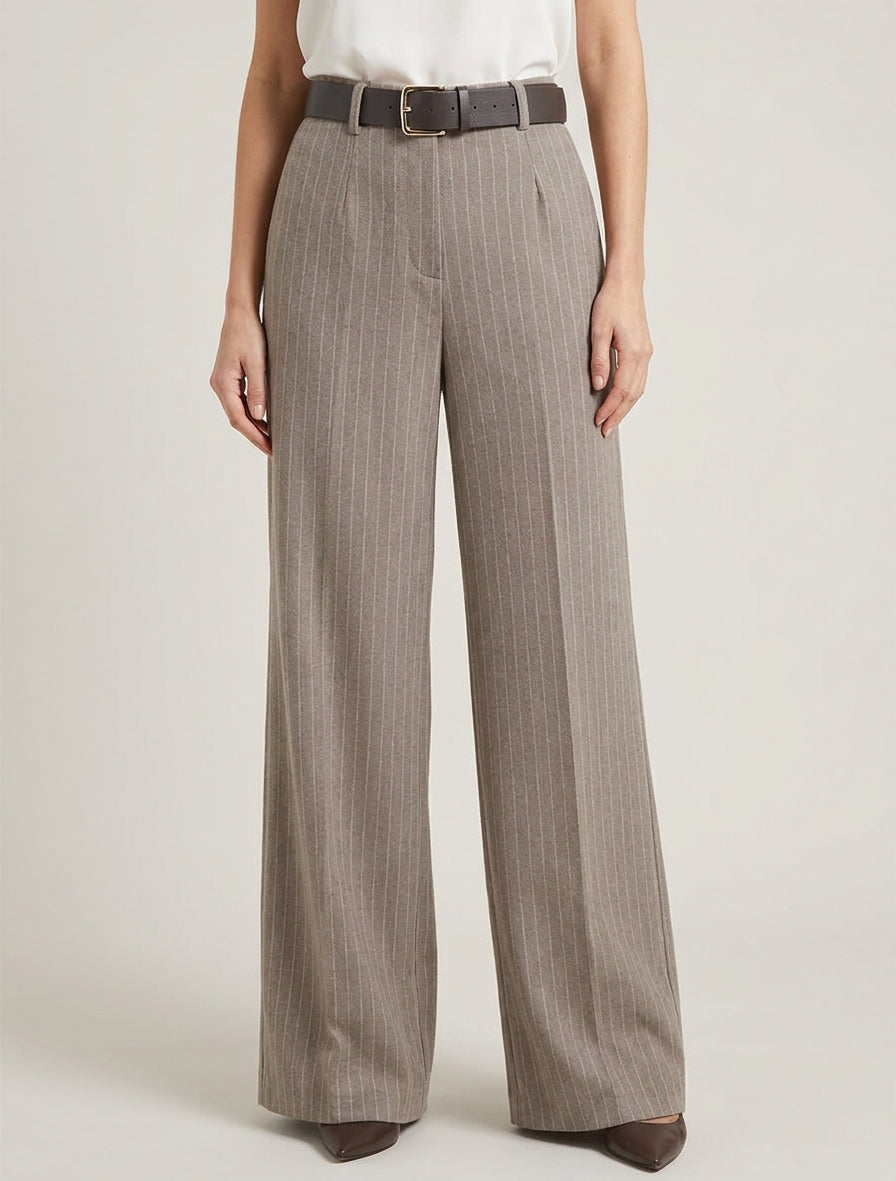Pantalón ancho de talle alto a rayas - Topo