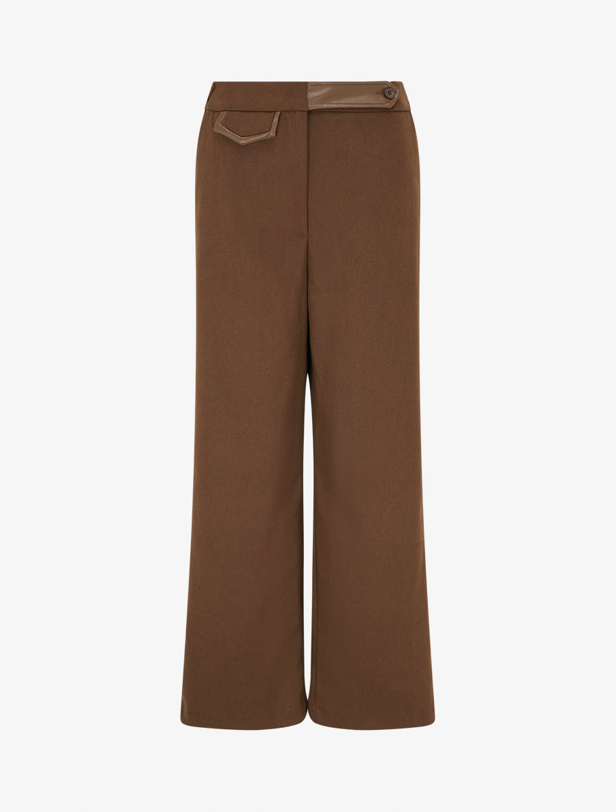 Pantalon ample taille haute à détail simili - Marron - 1