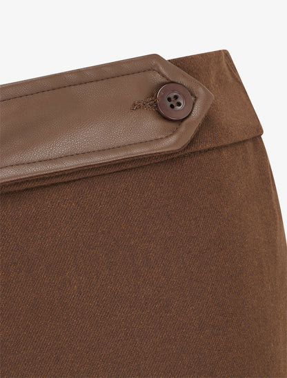 Pantalon ample taille haute à détail simili - Marron - 3