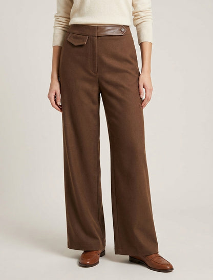 Pantalón ancho de talle alto con detalle de imitación. - Marrón