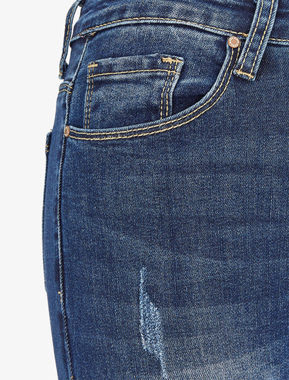 Jean skinny taille haute délavé et griffé - Bleu denim - 3