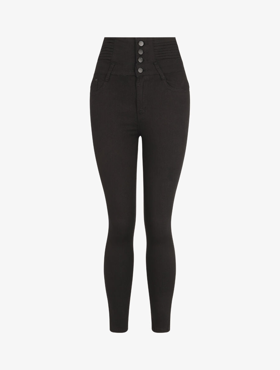 Jean skinny taille haute boutonnée - Noir - 1