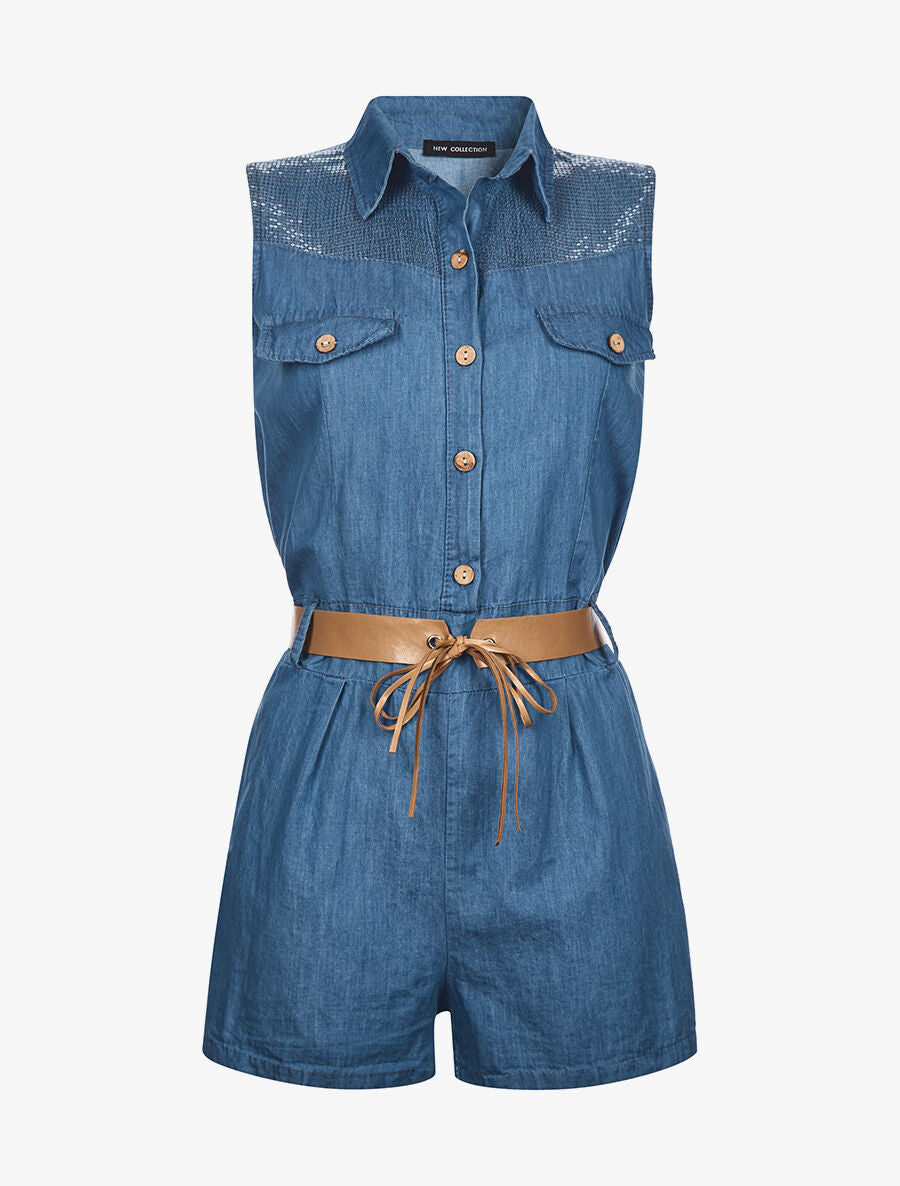 Combishort épaules à sequins - Denim - 1