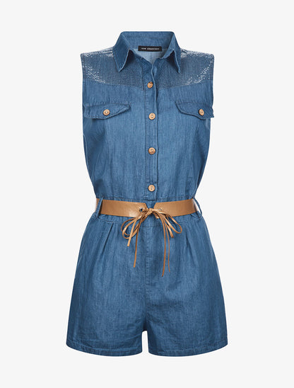 Combishort épaules à sequins - Denim - 1