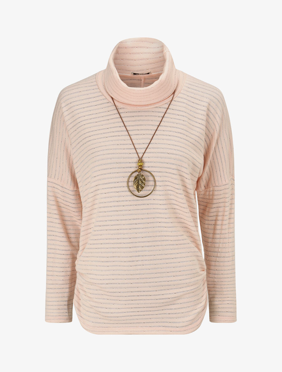 Pull fin à rayures irisées et côtés froncés - Rose poudré - 1