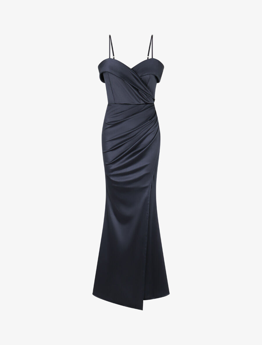 Robe longue fendue à col V - Bleu nuit - 4