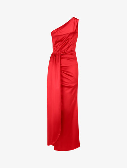 Robe longue unie fendue à une manche - Rouge - 1