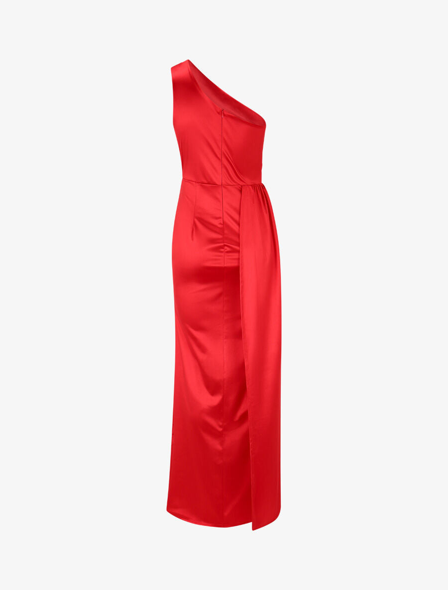 Robe longue unie fendue à une manche - Rouge - 2