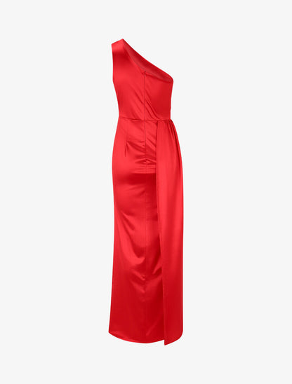 Robe longue unie fendue à une manche - Rouge - 2