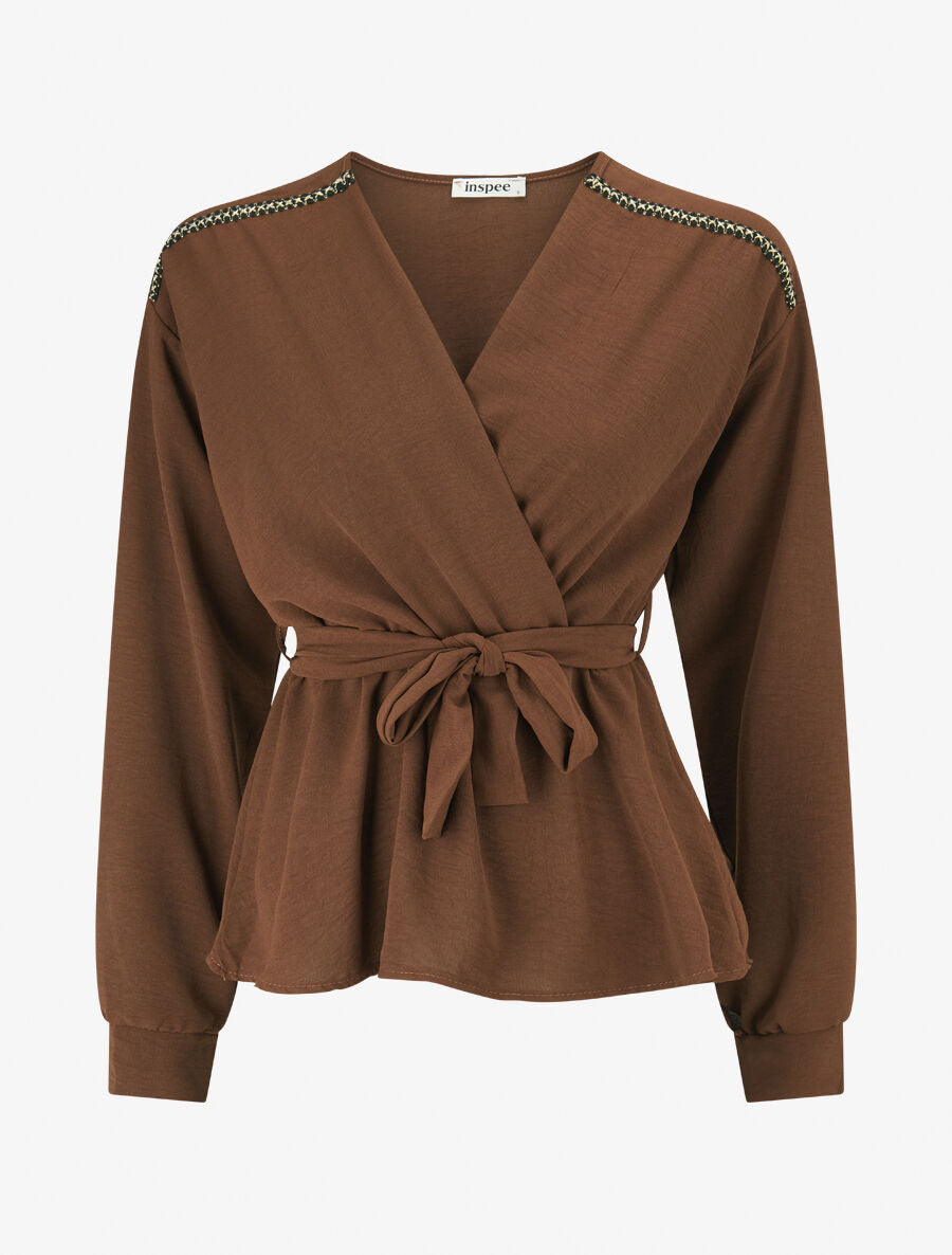 Top péplum à épaules brodées - Marron - 1