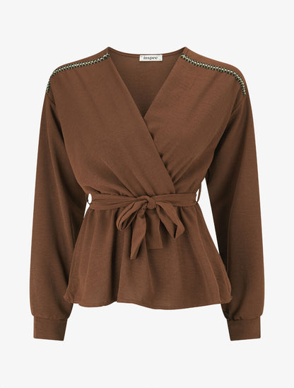 Top péplum à épaules brodées - Marron - 1
