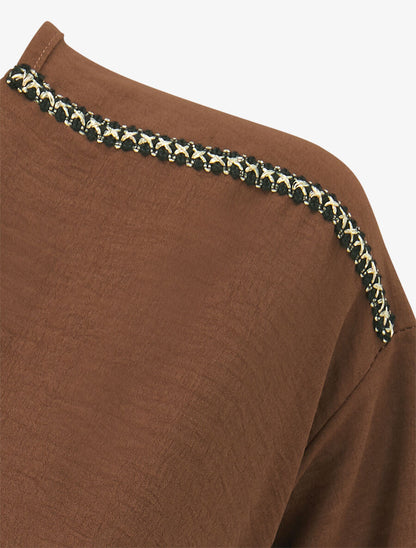 Top péplum à épaules brodées - Marron - 3