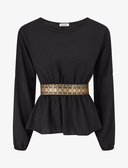 Blouse élastiquée à bande irisée - Noir - 1