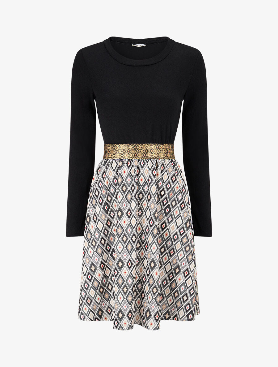 Robe imprimé losange et taille fantaisie - Noir - 4
