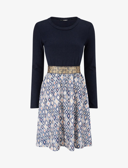 Robe imprimé losange et taille fantaisie - Marine - 1