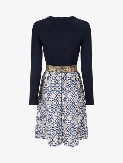 Robe imprimé losange et taille fantaisie - Marine - 2