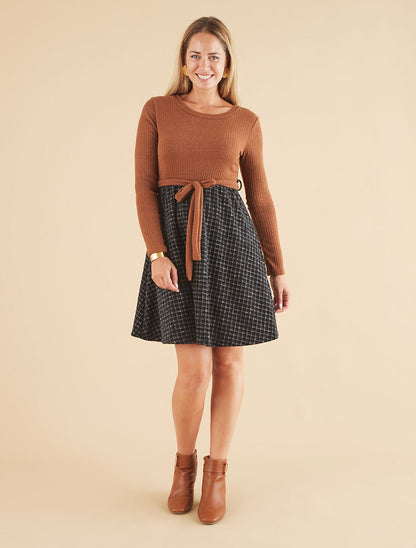 Robe bimatière à jupe imprimé carreaux - Camel - 4