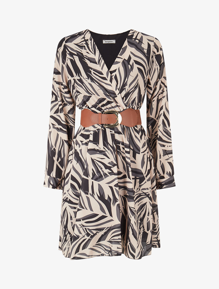 Robe patineuse imprimé feuillage stylisé - Noir - 1