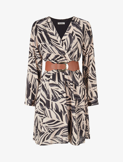 Robe patineuse imprimé feuillage stylisé - Noir - 1