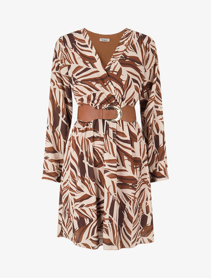 Robe patineuse imprimé feuillage stylisé - Marron - 1