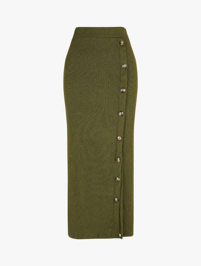 Jupe longue fendue en maille - Kaki - 4