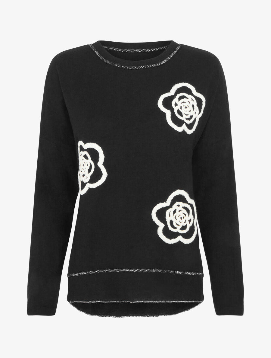 Pull fin uni à fleurs brodées - Noir - 1