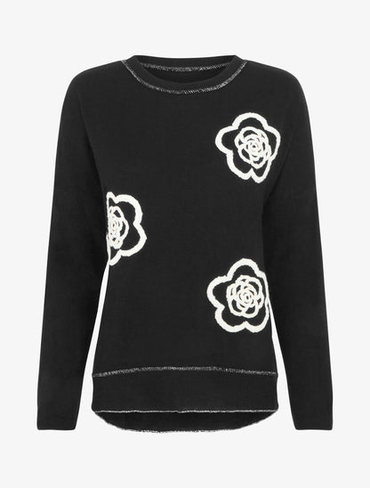 Pull fin uni à fleurs brodées - Noir - 1
