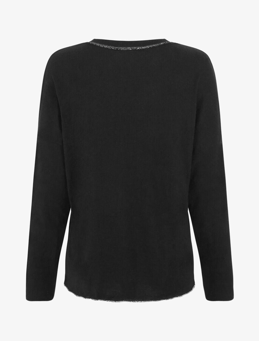 Pull fin uni à fleurs brodées - Noir - 2
