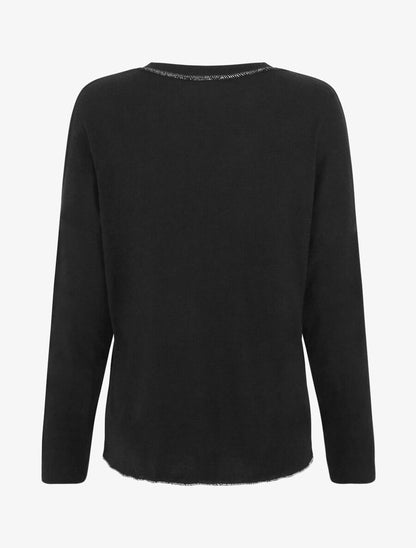 Pull fin uni à fleurs brodées - Noir - 2