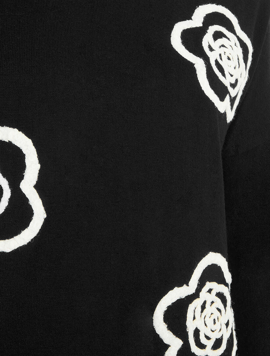 Pull fin uni à fleurs brodées - Noir - 3