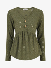 Blouse unie et ajourée - Kaki - 1