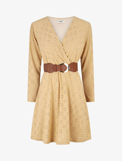 Robe unie élastiquée et ajourée - Camel - 4