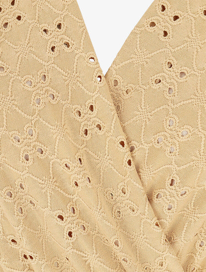 Robe unie élastiquée et ajourée - Camel - 3