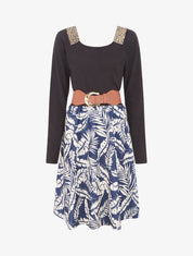 Robe bimatière à col à bandes élastiquées stylisées - Marine - 5