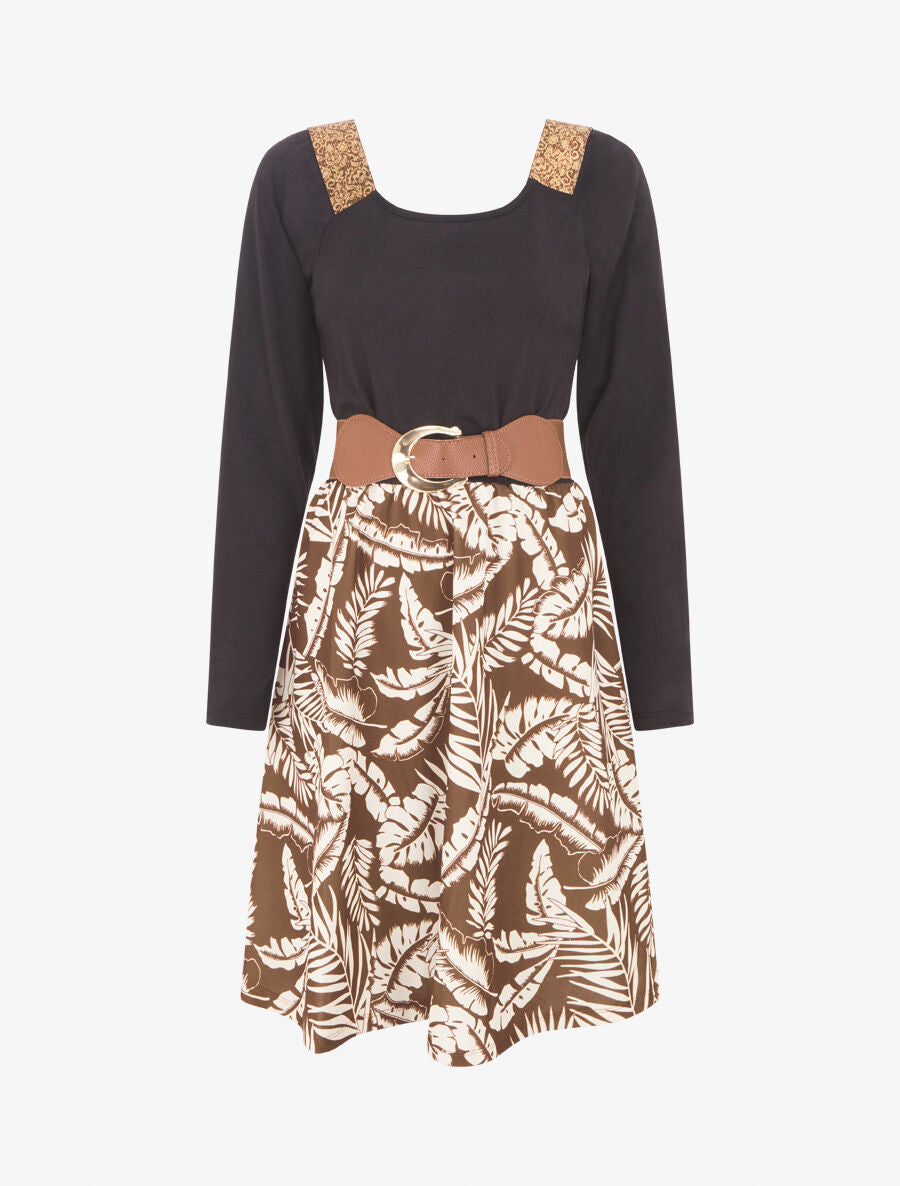 Robe bimatière à col à bandes élastiquées stylisées - Marron - 1