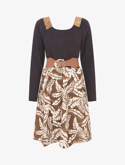 Robe bimatière à col à bandes élastiquées stylisées - Marron - 1