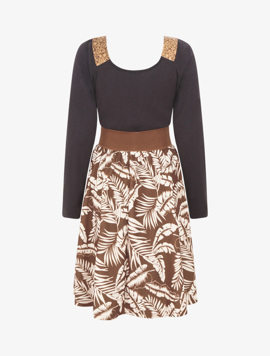Robe bimatière à col à bandes élastiquées stylisées - Marron - 2