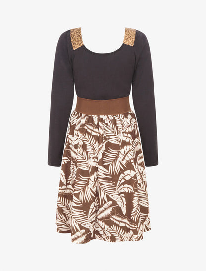 Robe bimatière à col à bandes élastiquées stylisées - Marron - 2