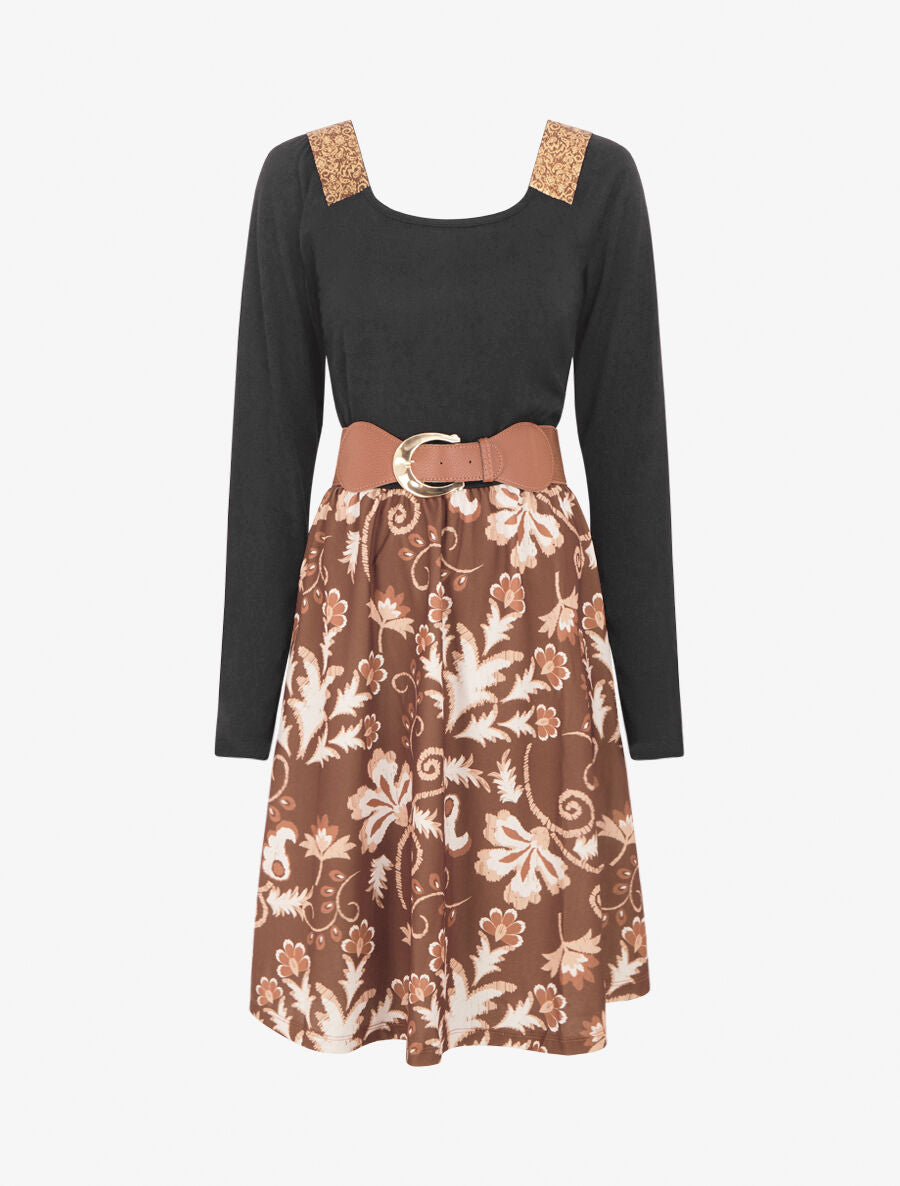 Robe bimatière à col à bandes élastiquées stylisées - Marron - 1