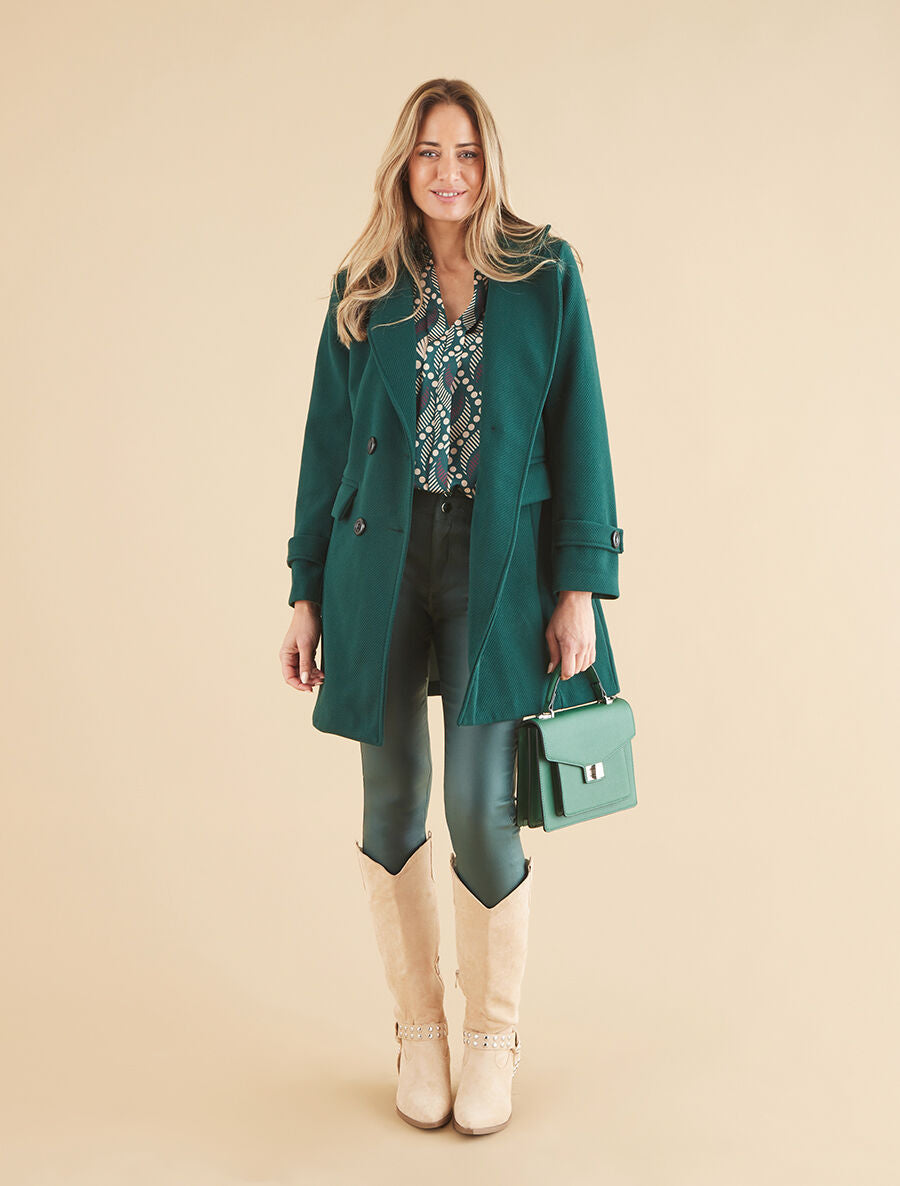 Manteau long uni à col cranté - Vert sapin - 4
