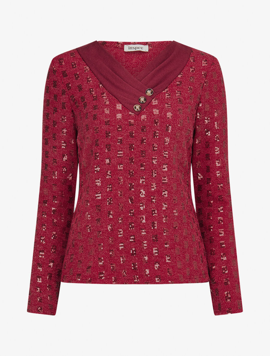 Pull fin incrusté de sequins - Lie de vin - 1