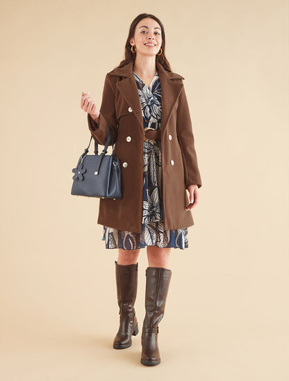 Manteau long à fermeture boutonnée dorée - Marron - 4