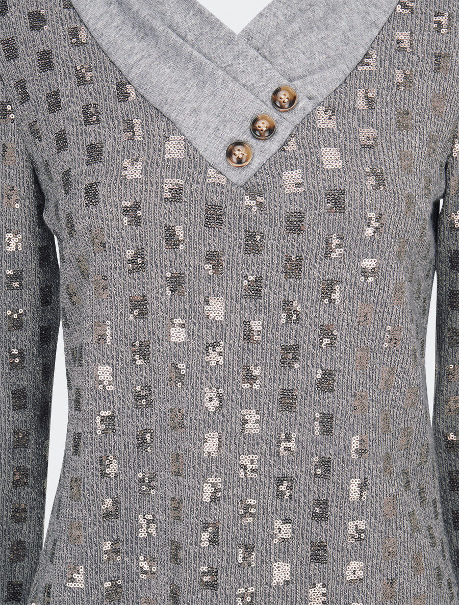 Pull fin incrusté de sequins - Gris - 3