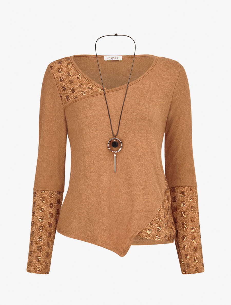 Pull fin à empiècement incrusté de sequins - Camel - 1