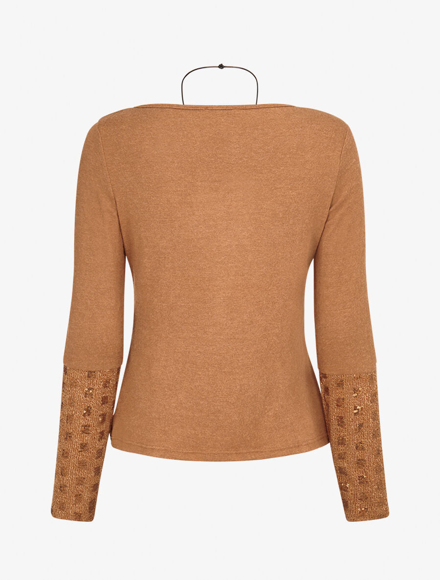 Pull fin à empiècement incrusté de sequins - Camel - 2