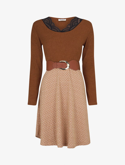 Robe patineuse à jupe irisée et imprimé zig-zag - Camel - 1