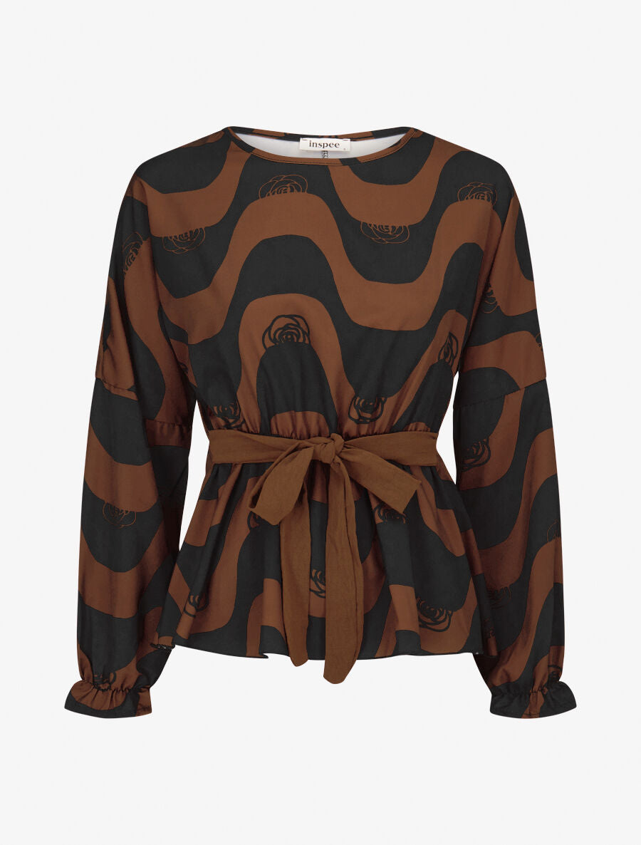 Blouse péplum imprimé art moderne - Marron - 1