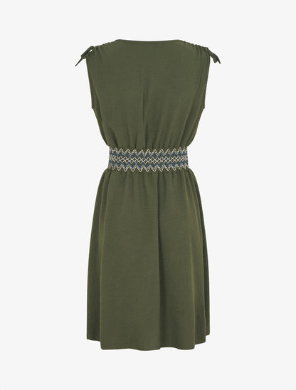Robe unie sans manches à taille élastiquée - Kaki - 2